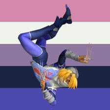 An image of Sheik from Ocarina of Time. The background is the genderfluid flag.